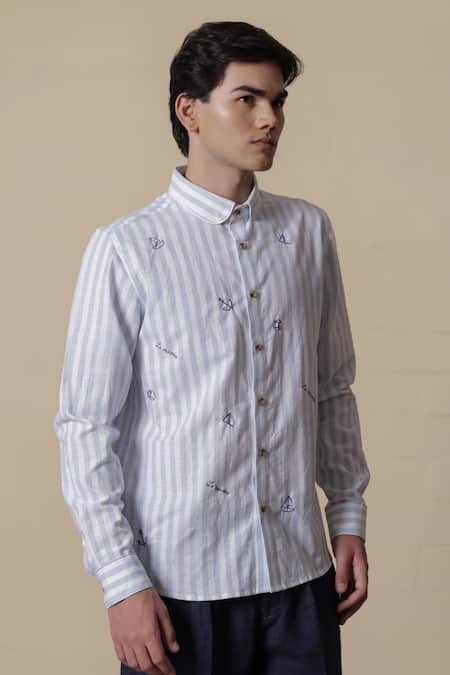 Lacquer Embassy_Blue Cotton Embroidery Buoy Light Striped Shirt _Online_at_Aza_Fashions