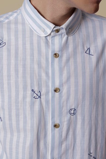 Buy_Lacquer Embassy_Blue Cotton Embroidery Buoy Light Striped Shirt _Online_at_Aza_Fashions