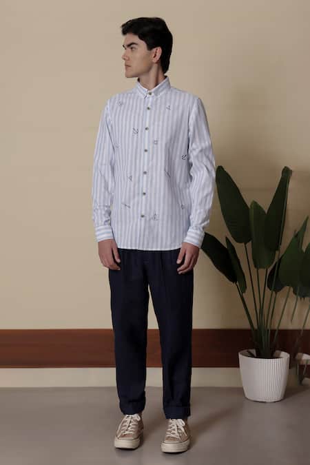 Shop_Lacquer Embassy_Blue Cotton Embroidery Buoy Light Striped Shirt _Online_at_Aza_Fashions