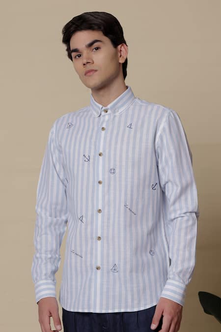 Lacquer Embassy_Blue Cotton Embroidery Buoy Light Striped Shirt _at_Aza_Fashions