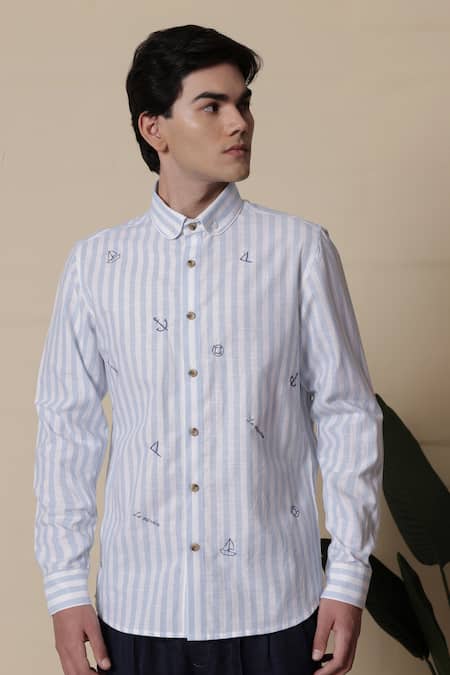 Lacquer Embassy Light Blue Striped Cotton Shirt 