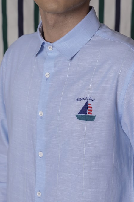 Lacquer Embassy_Sky Blue Cotton Embroidery Cordyn Light Full-sleeve Shirt _Online_at_Aza_Fashions