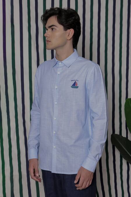 Buy_Lacquer Embassy_Sky Blue Cotton Embroidery Cordyn Light Full-sleeve Shirt _Online_at_Aza_Fashions