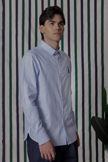 Shop_Lacquer Embassy_Sky Blue Cotton Embroidery Cordyn Light Full-sleeve Shirt _Online_at_Aza_Fashions