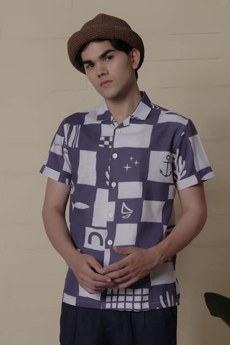 Lacquer Embassy Blue Cotton Nautical Print Shirt 