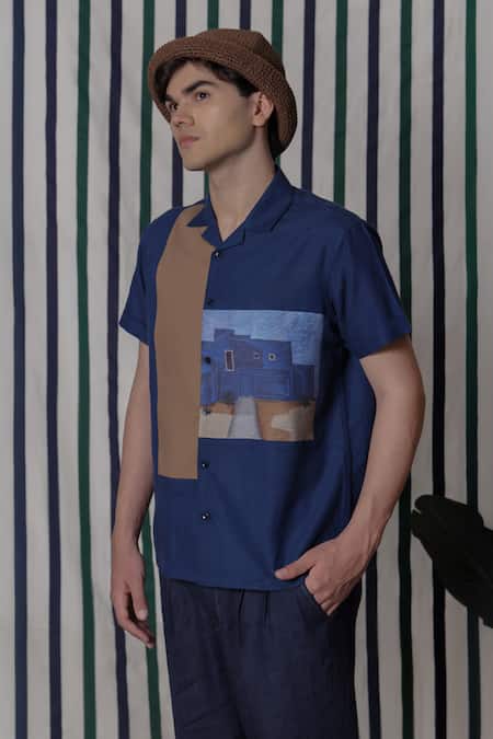 Buy_Lacquer Embassy_Blue Cotton Clyro Print Chambray Shirt _Online_at_Aza_Fashions