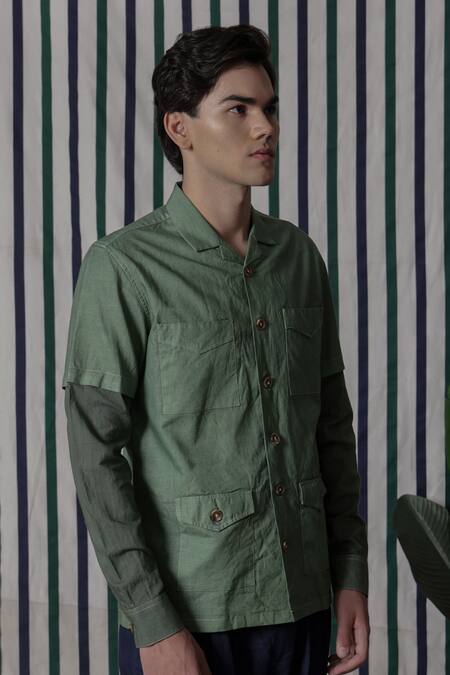 Lacquer Embassy_Green Cotton Sundrin Slub Shirt _Online_at_Aza_Fashions