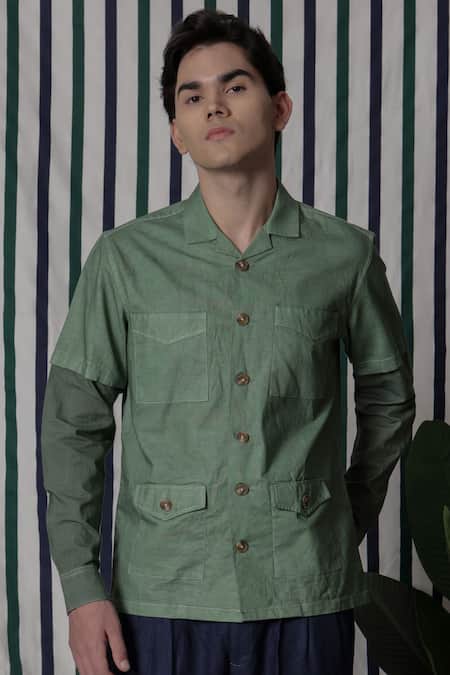 Buy_Lacquer Embassy_Green Cotton Sundrin Slub Shirt _Online_at_Aza_Fashions