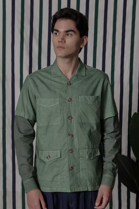 Shop_Lacquer Embassy_Green Cotton Sundrin Slub Shirt _Online_at_Aza_Fashions