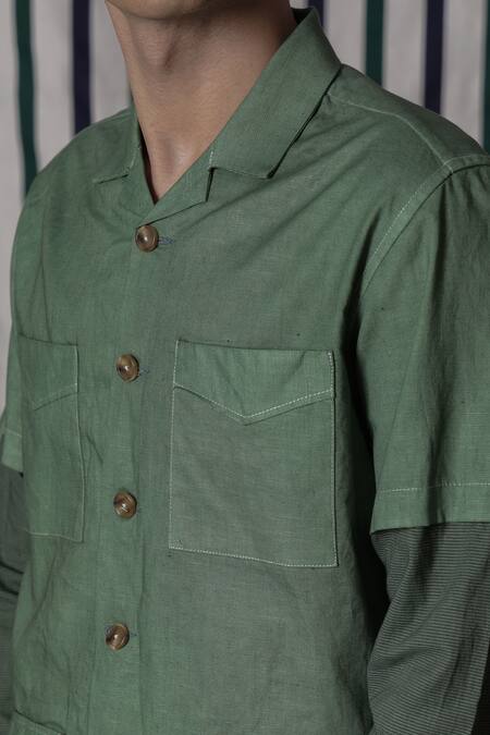 Lacquer Embassy_Green Cotton Sundrin Slub Shirt _at_Aza_Fashions