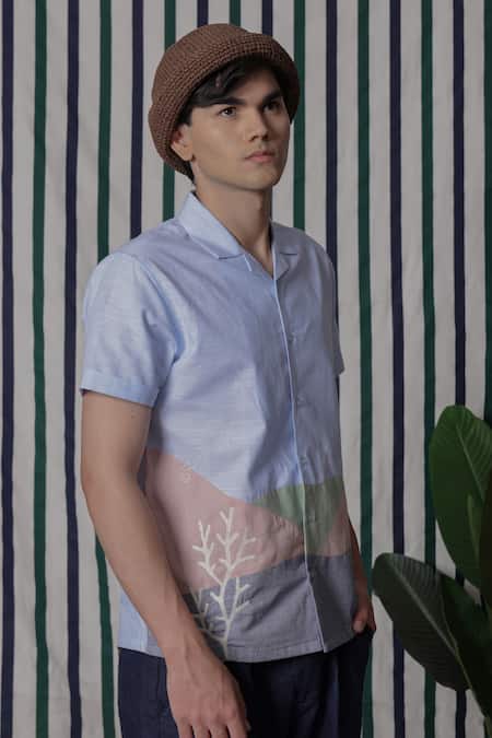 Shop_Lacquer Embassy_Blue Cotton Embroidery, Cut Work Corallo Pastel Color Block Shirt _Online_at_Aza_Fashions