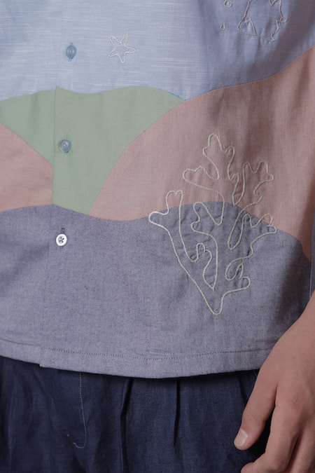 Lacquer Embassy_Blue Cotton Embroidery, Cut Work Corallo Pastel Color Block Shirt _at_Aza_Fashions