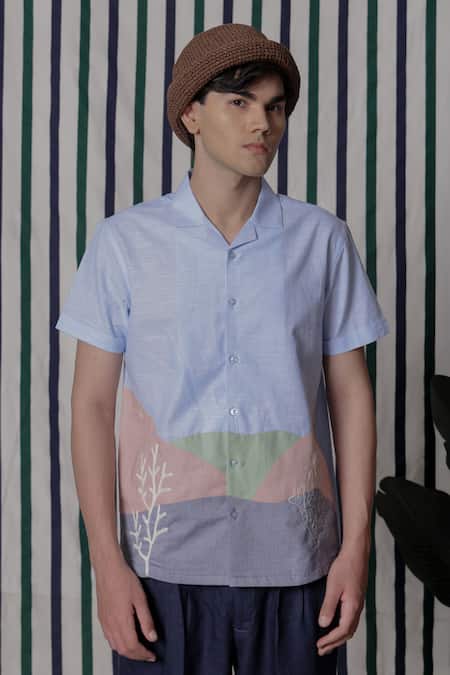 Lacquer Embassy Blue Cotton Embroidery Pastel Color Block Shirt