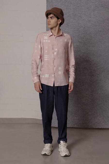 Lacquer Embassy_Pink Cotton Soreil Textured Shirt With Folk Print_Online_at_Aza_Fashions