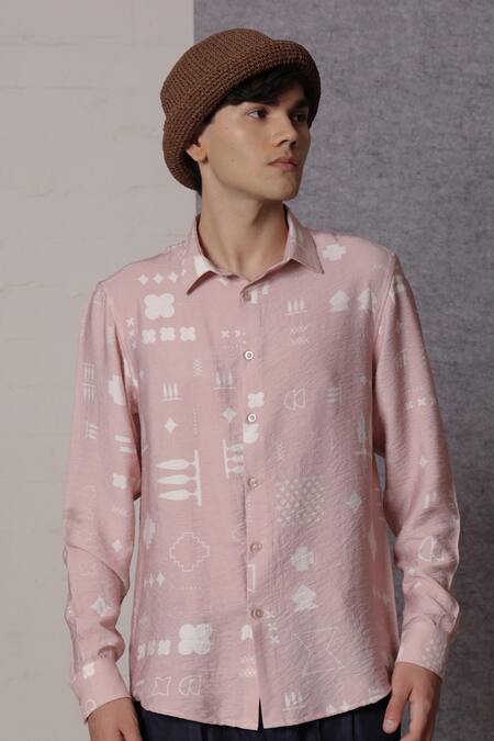 Buy_Lacquer Embassy_Pink Cotton Soreil Textured Shirt With Folk Print_Online_at_Aza_Fashions