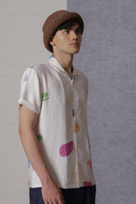 Lacquer Embassy_Off White Cotton Solune Ecru Abstract Print Shirt _Online_at_Aza_Fashions