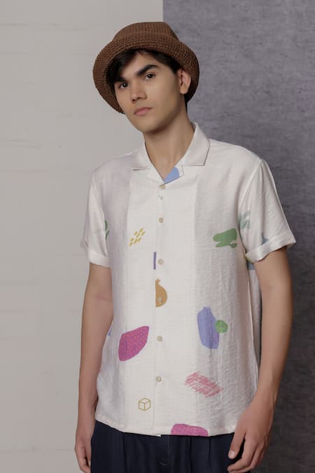 Shop_Lacquer Embassy_Off White Cotton Solune Ecru Abstract Print Shirt _Online_at_Aza_Fashions