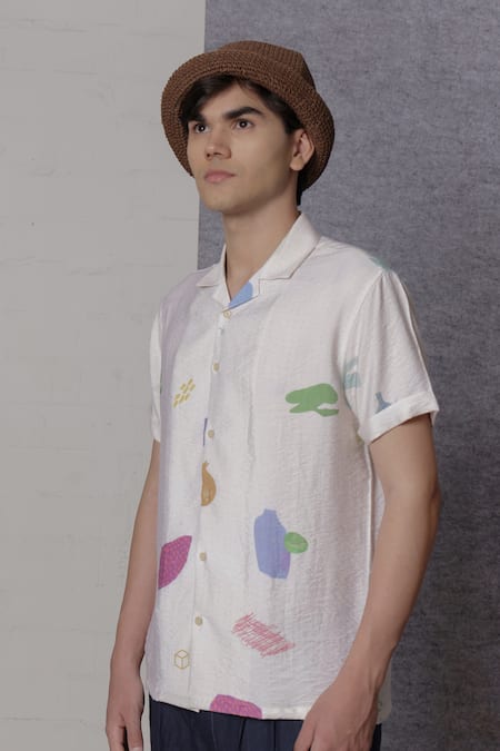 Lacquer Embassy_Off White Cotton Solune Ecru Abstract Print Shirt _at_Aza_Fashions