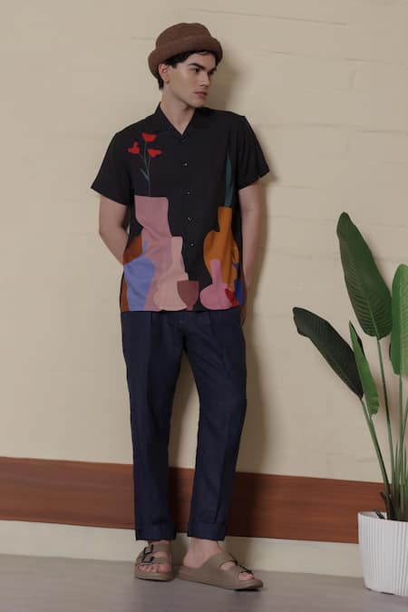 Lacquer Embassy_Charcoal Rayon Klayra Dark Grey Printed Shirt _Online_at_Aza_Fashions