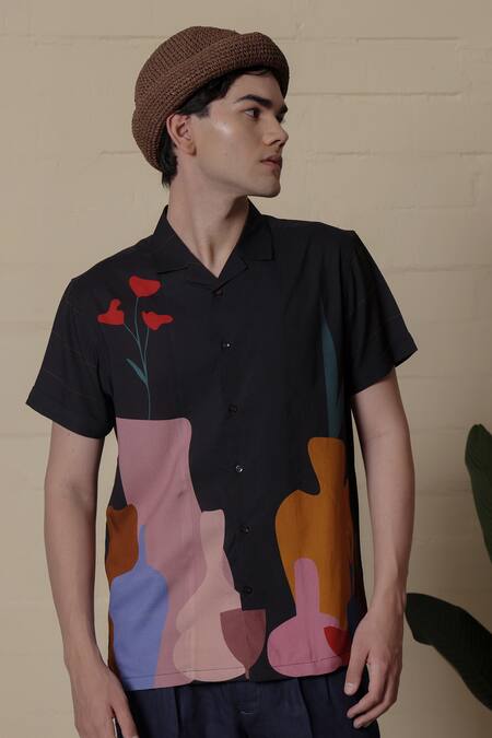 Buy_Lacquer Embassy_Charcoal Rayon Klayra Dark Grey Printed Shirt _Online_at_Aza_Fashions