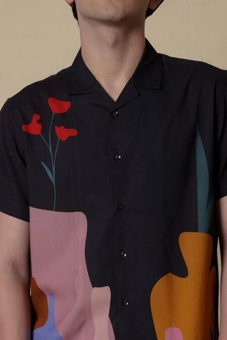 Lacquer Embassy_Charcoal Rayon Klayra Dark Grey Printed Shirt _at_Aza_Fashions