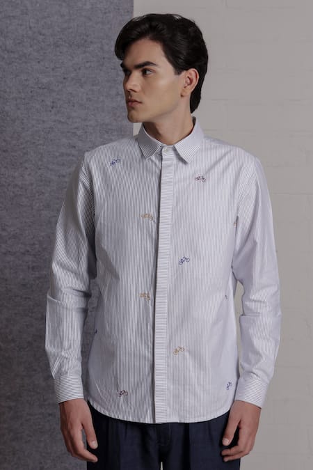 Lacquer Embassy Blue Cotton Embroidery Striped Shirt With Bicycle 