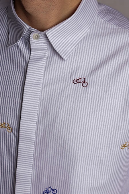 Lacquer Embassy_Cotton Embroidery Velo Bicycle Striped Shirt _at_Aza_Fashions