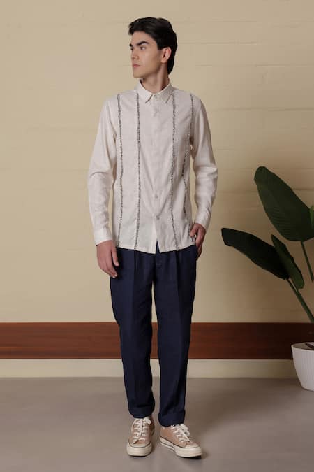 Lacquer Embassy_Beige Cotton Tape Detailed Shirt _Online_at_Aza_Fashions