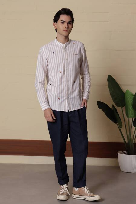 Lacquer Embassy_Beige Cotton Embroidery Striped Shirt _Online_at_Aza_Fashions