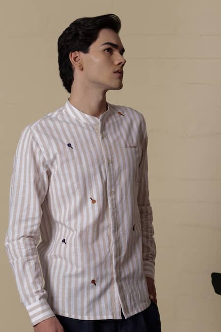 Buy_Lacquer Embassy_Beige Cotton Embroidery Striped Shirt _Online_at_Aza_Fashions