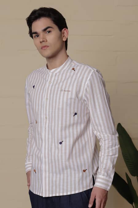 Shop_Lacquer Embassy_Beige Cotton Embroidery Striped Shirt _Online_at_Aza_Fashions