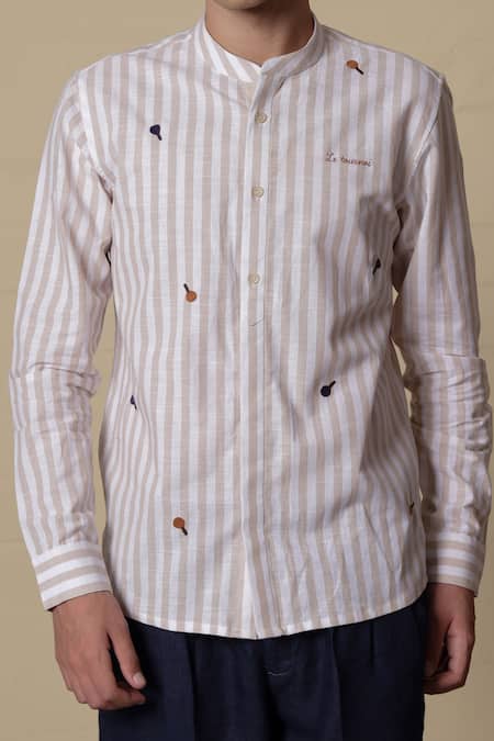 Lacquer Embassy_Beige Cotton Embroidery Striped Shirt _at_Aza_Fashions