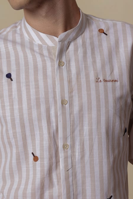 Buy_Lacquer Embassy_Beige Cotton Embroidery Striped Shirt 