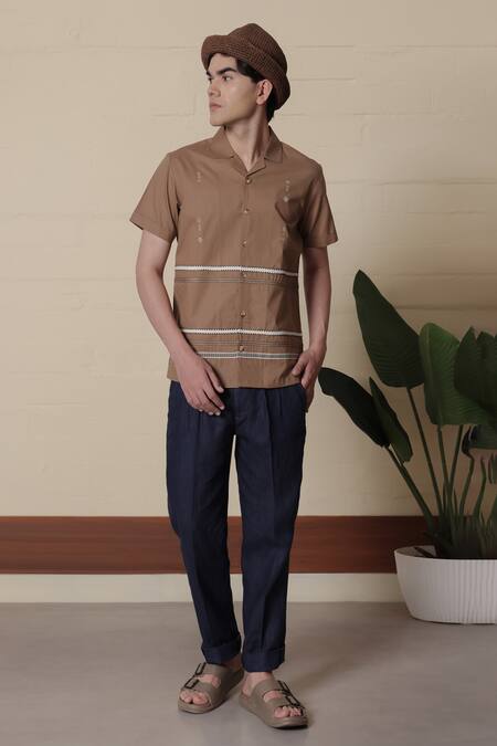 Lacquer Embassy_Tan Cotton Embroidery Camp Collar Shirt _Online_at_Aza_Fashions