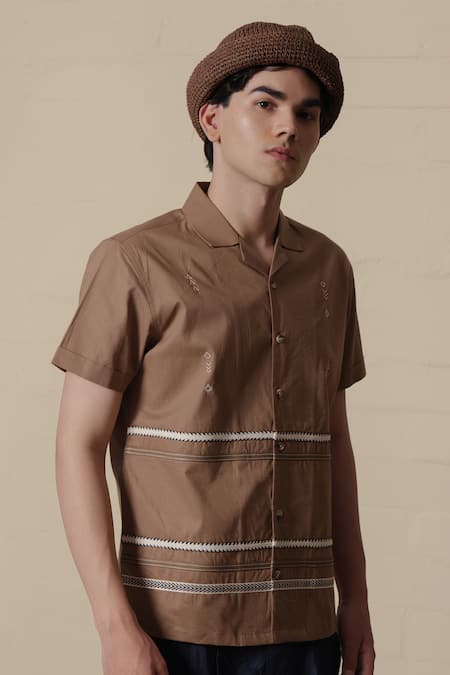 Buy_Lacquer Embassy_Tan Cotton Embroidery Camp Collar Shirt _Online_at_Aza_Fashions