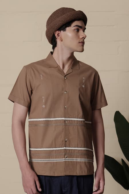 Shop_Lacquer Embassy_Tan Cotton Embroidery Camp Collar Shirt _Online_at_Aza_Fashions