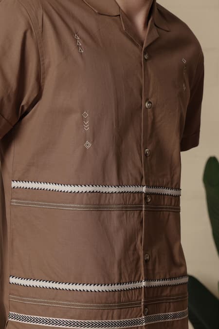 Lacquer Embassy_Tan Cotton Embroidery Camp Collar Shirt _at_Aza_Fashions