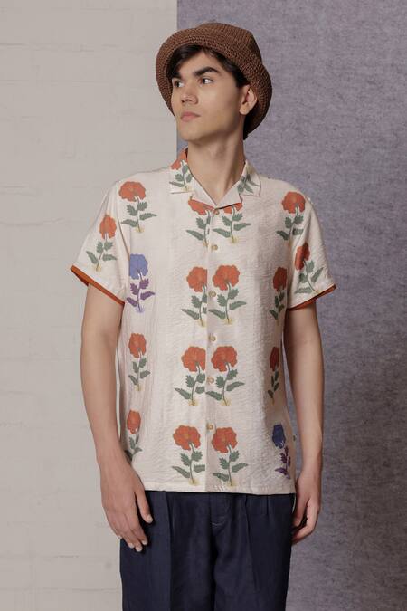 Lacquer Embassy_Beige Cotton Floral Print Shirt _Online_at_Aza_Fashions