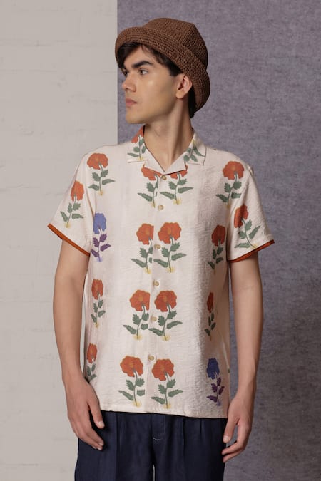 Lacquer Embassy Ecru Floral Print Cotton Shirt 