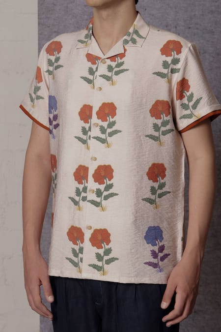 Buy_Lacquer Embassy_Beige Cotton Floral Print Shirt _Online_at_Aza_Fashions