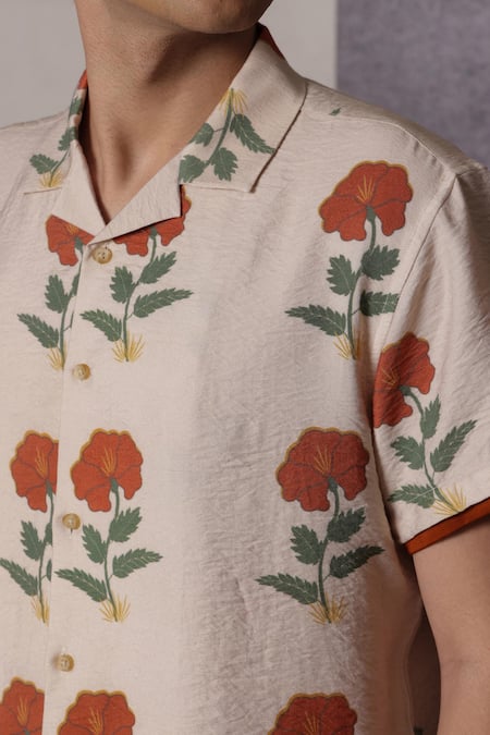 Shop_Lacquer Embassy_Beige Cotton Floral Print Shirt _Online_at_Aza_Fashions