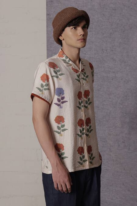 Lacquer Embassy_Beige Cotton Floral Print Shirt _at_Aza_Fashions