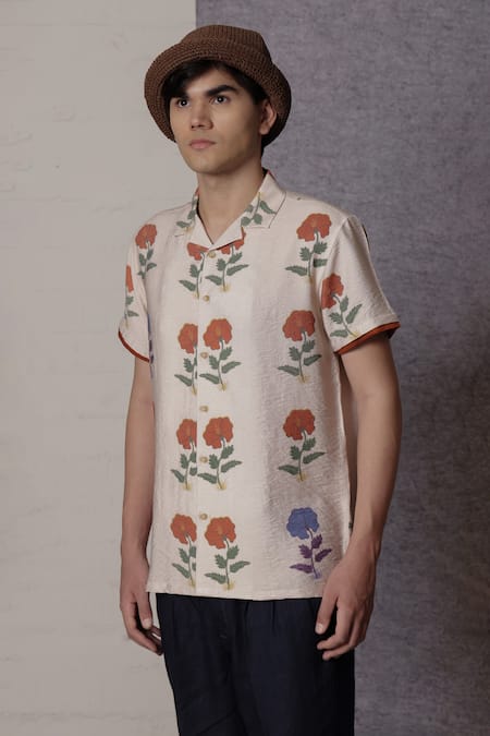 Buy_Lacquer Embassy_Beige Cotton Floral Print Shirt 