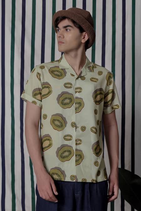 Lacquer Embassy Green Rayon Kiwi Print Half-sleeve Shirt 