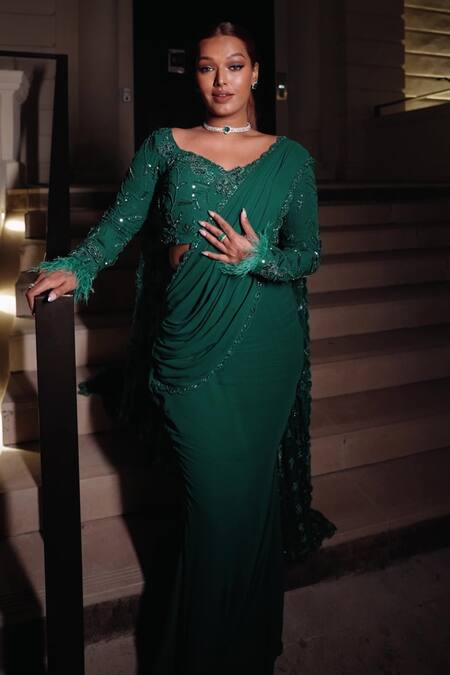 Midushi Bajoria_Green Georgette Sequins, Rhinestones Round Neck Fiza Applique Saree With Trail _at_Aza_Fashions