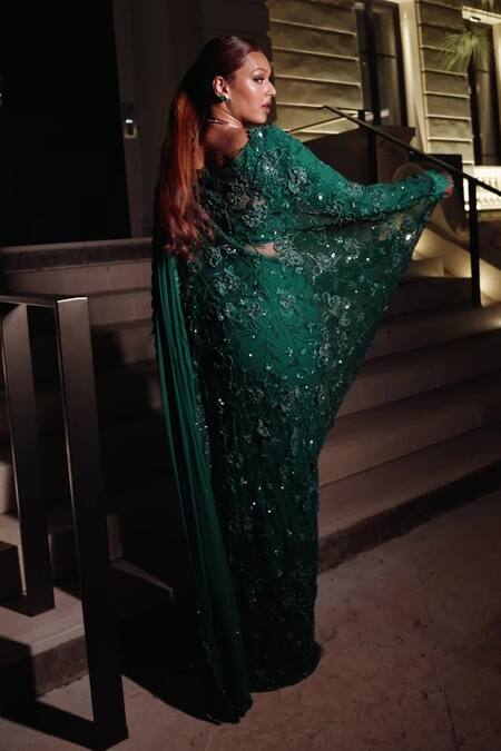 Buy_Midushi Bajoria_Green Georgette Sequins, Rhinestones Round Neck Fiza Applique Saree With Trail 