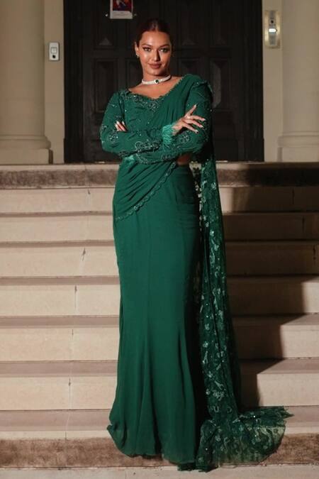 Shop_Midushi Bajoria_Green Georgette Sequins, Rhinestones Round Neck Fiza Applique Saree With Trail 