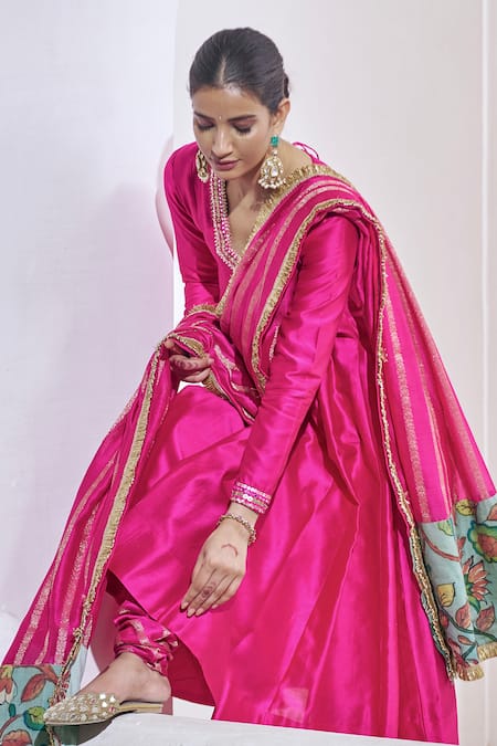 Aamra By Lavanya_Pink , Chanderi Embroidery V-neck Hot Hand Anarkali Set _Online_at_Aza_Fashions