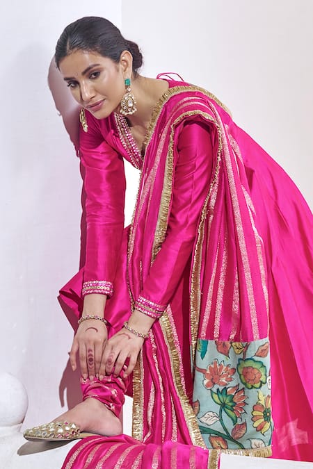 Buy_Aamra By Lavanya_Pink , Chanderi Embroidery V-neck Hot Hand Anarkali Set _Online_at_Aza_Fashions