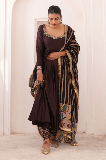 Aamra By Lavanya Brown , Chanderi Embroidery Square Neck Hand Anarkali Set 